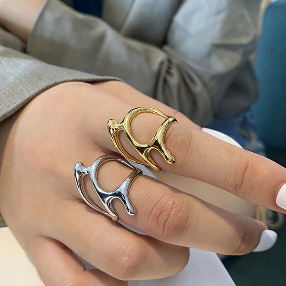 Creative Geometric Irregular Melt Metal Open Women Teen Gold Silver Hollow Cool Punk Rings Fall Gift