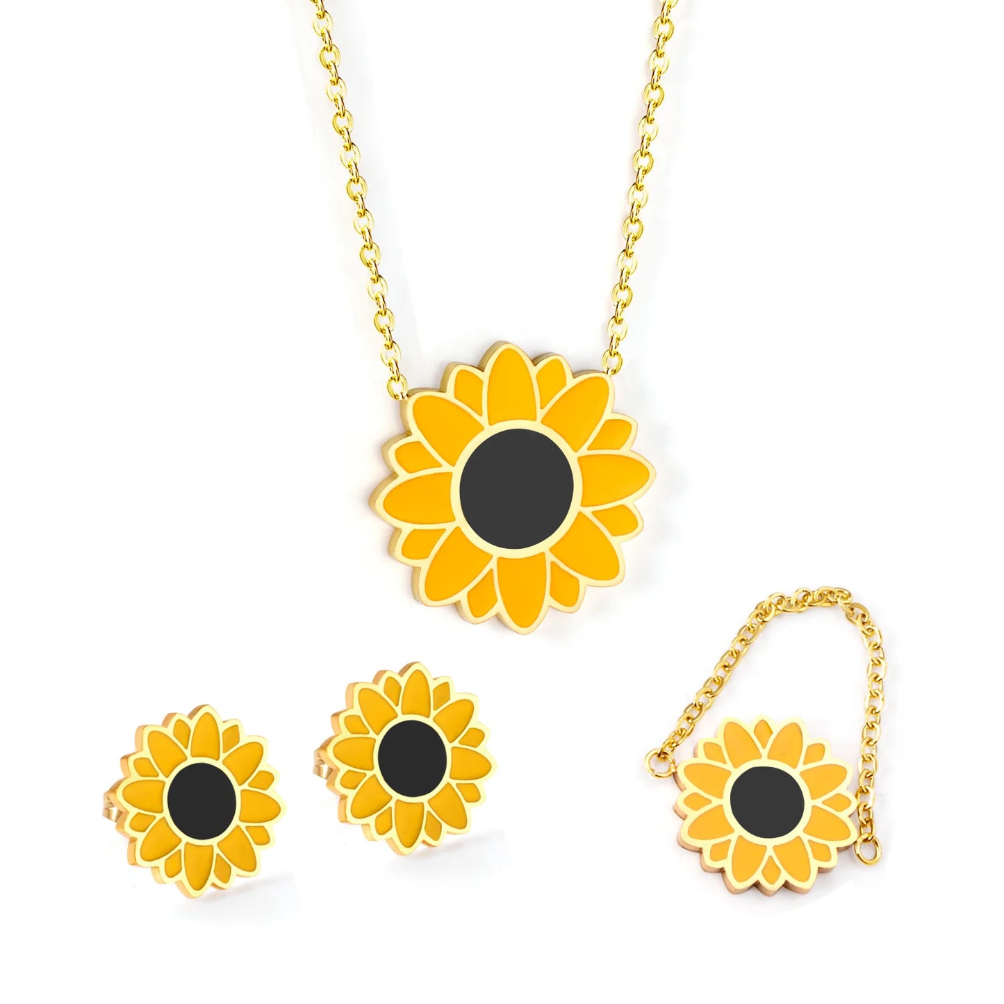 Cute Yellow Daisy Flower Charms Pendant Necklace Earrings Ring Gold Silver Woman Jewelry Set Gifts