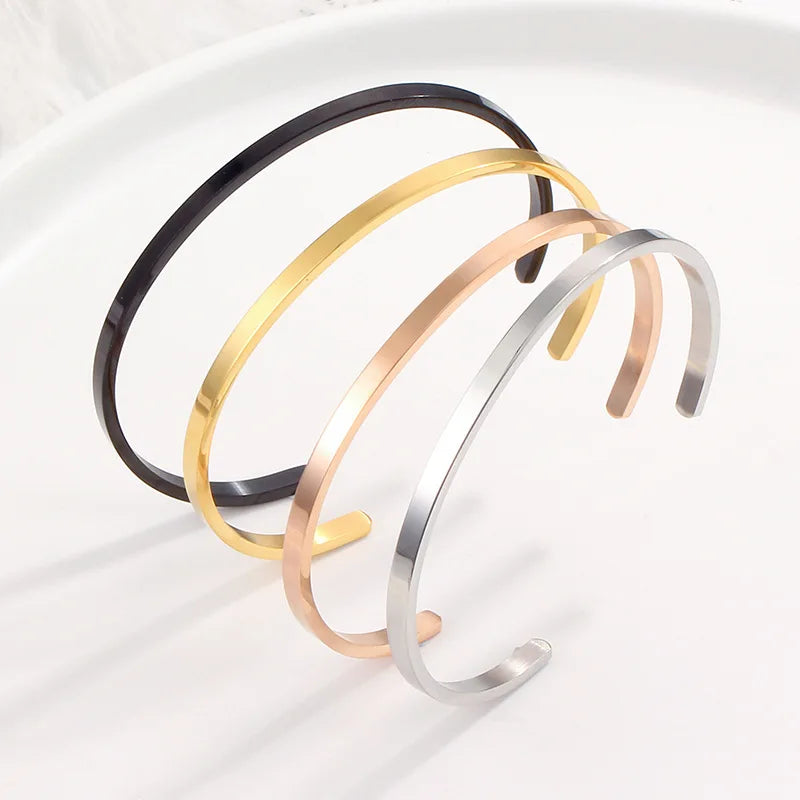 Unisex Simple Opening Plain Smooth Lovers Black Rose Gold Silver Gold Women Men Bangle Bracelet