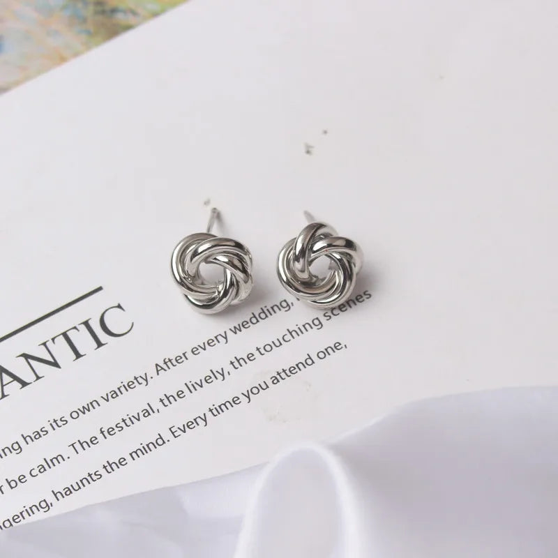 Tiny Metal Stud Women Gold Silver Twist Round Small Earrings Fall Jewelry Gift