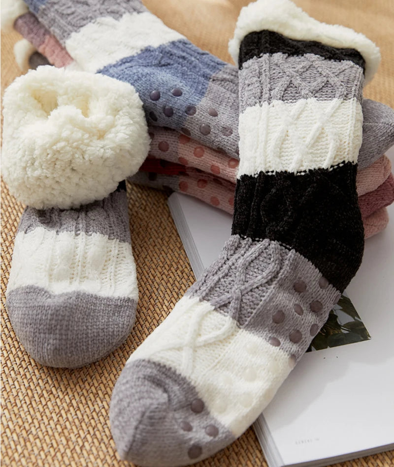 Winter Fall Warm Thick Comfortable Stripes Women Mid-calf Sleep Fuzzy Home Stocking Socks Xmas Gift