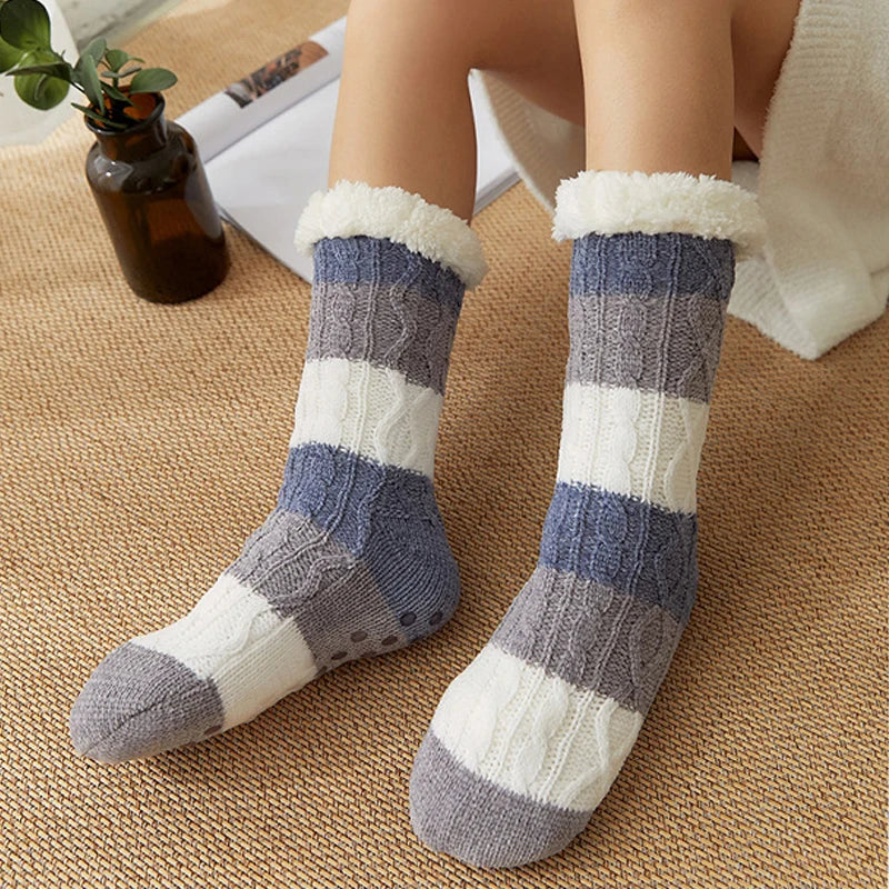 Winter Fall Warm Thick Comfortable Stripes Women Mid-calf Sleep Fuzzy Home Stocking Socks Xmas Gift