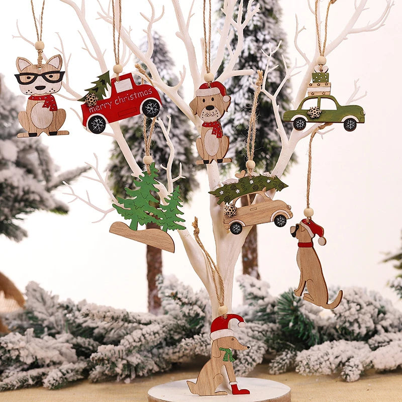 Car Christmas Tree Elk Cartoon Animal Hanging Wooden Pendants Ornament Home Decorations Xmas Gifts
