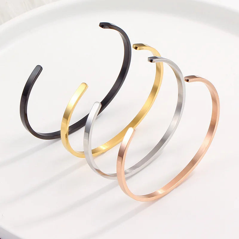 Unisex Simple Opening Plain Smooth Lovers Black Rose Gold Silver Gold Women Men Bangle Bracelet