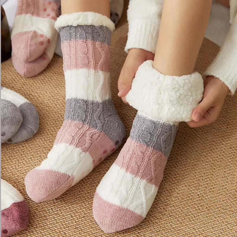 Winter Fall Warm Thick Comfortable Stripes Women Mid-calf Sleep Fuzzy Home Stocking Socks Xmas Gift