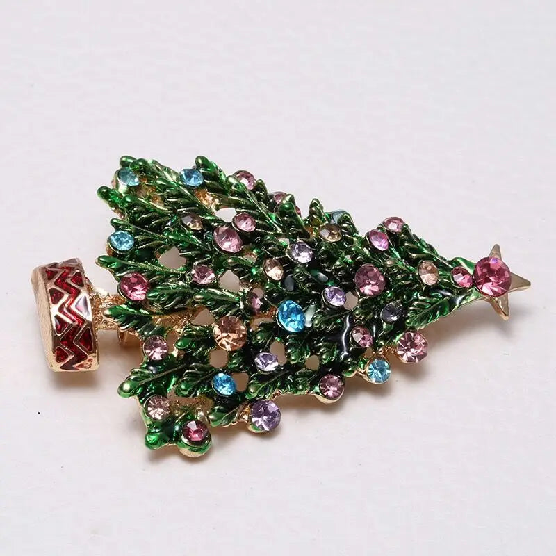 Green Enamel Rhinestone Christmas Tree Pin Gold Women Men Brooches Christmas Gifts
