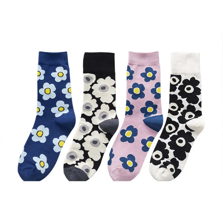 Autumn Winter Fall Fashion Cute Ins Korea Style Streetwear Flower Pattern Print Women Short Socks