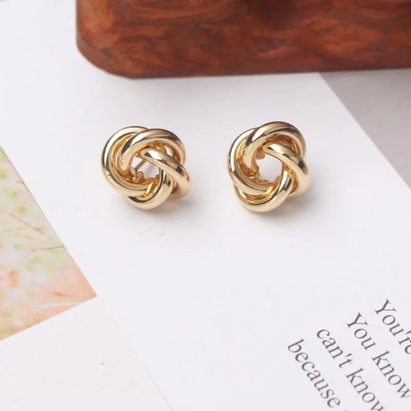 Tiny Metal Stud Women Gold Silver Twist Round Small Earrings Fall Jewelry Gift