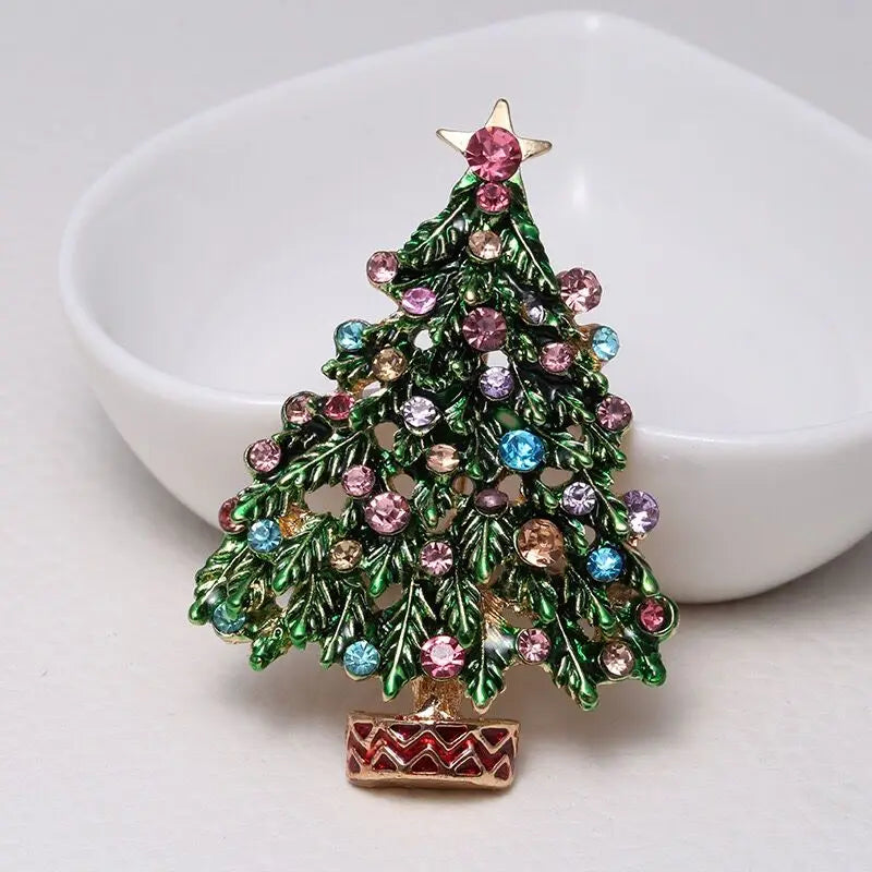 Green Enamel Rhinestone Christmas Tree Pin Gold Women Men Brooches Christmas Gifts