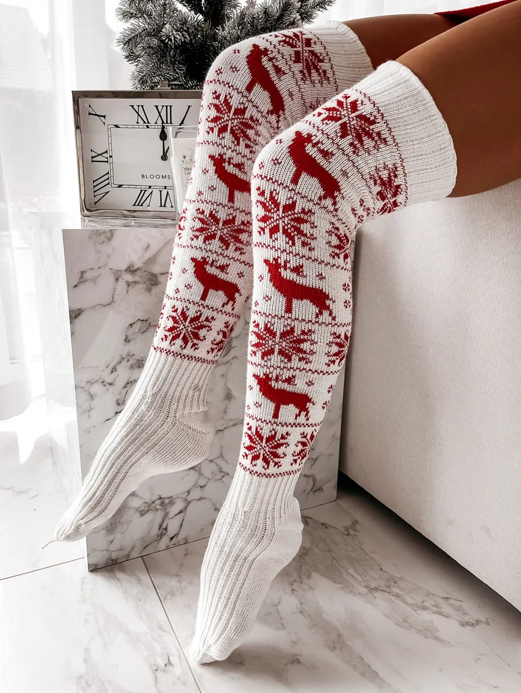 Christmas Female Women Warm Thigh High Sock Snowflake Print Knit Over The Knee Fall Winter Stocking