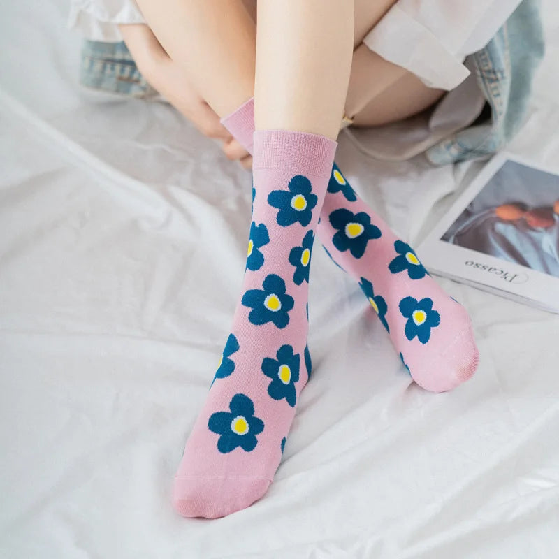 Autumn Winter Fall Fashion Cute Ins Korea Style Streetwear Flower Pattern Print Women Short Socks