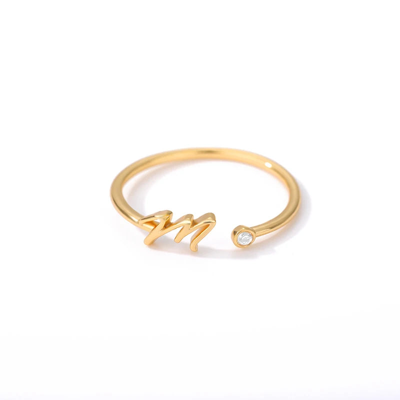 A-Z Initial Open Adjustable Wedding Trendy Crystal Zircon Gold Couple Women Rings Jewelry Gift
