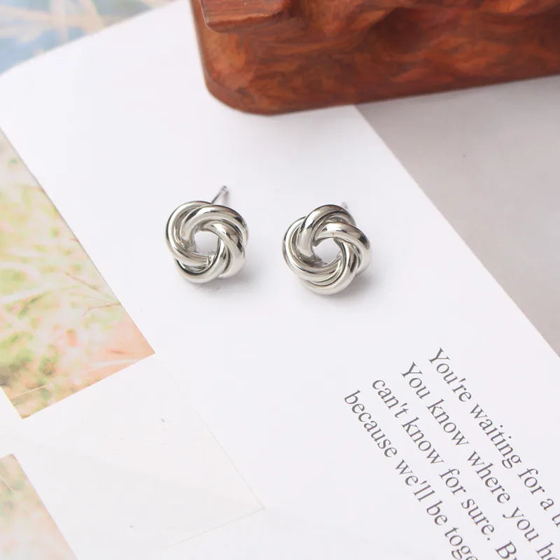 Tiny Metal Stud Women Gold Silver Twist Round Small Earrings Fall Jewelry Gift