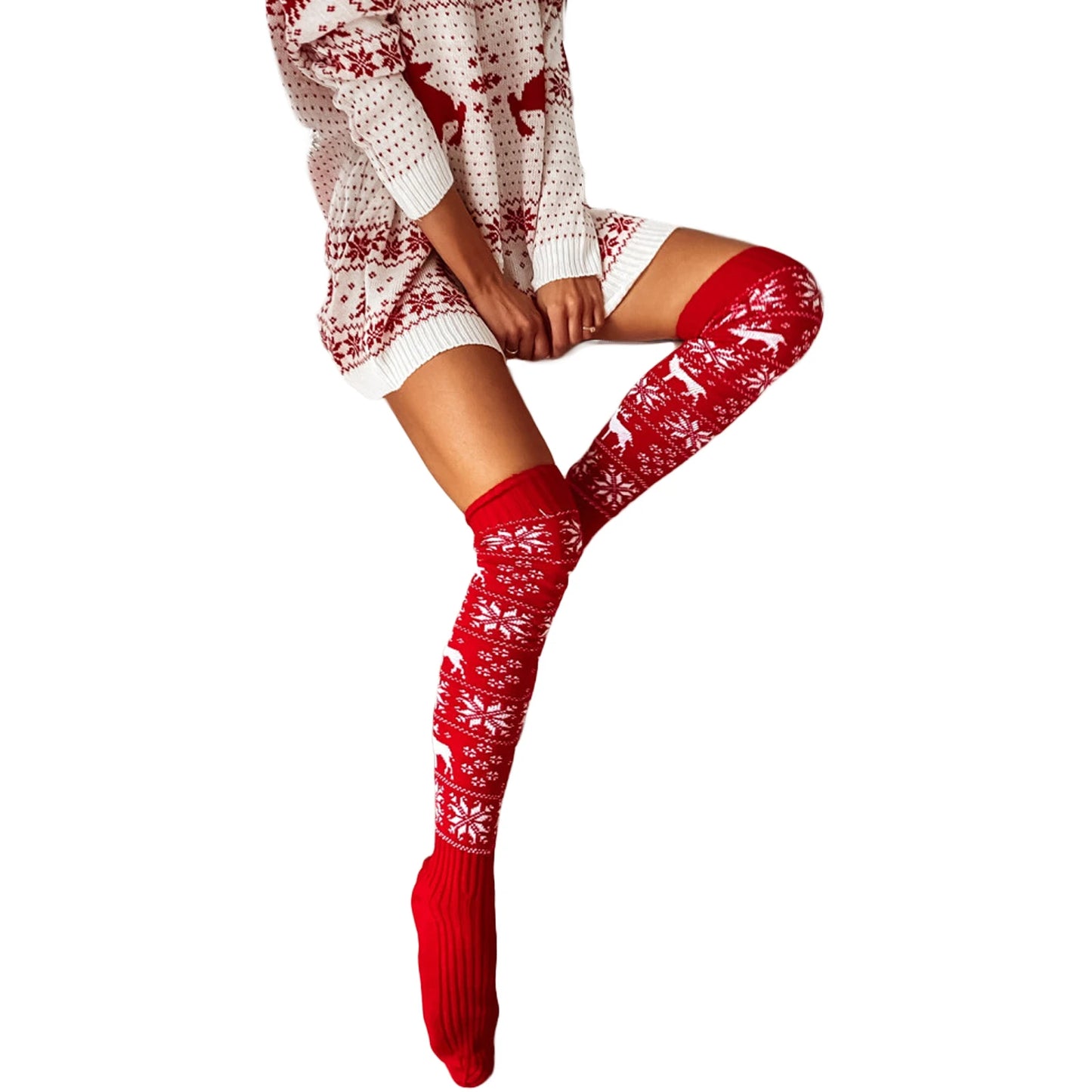 Christmas Female Women Warm Thigh High Sock Snowflake Print Knit Over The Knee Fall Winter Stocking