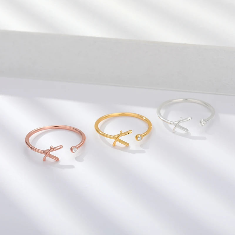 A-Z Initial Open Adjustable Wedding Trendy Crystal Zircon Gold Couple Women Rings Jewelry Gift