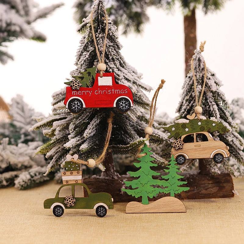 Car Christmas Tree Elk Cartoon Animal Hanging Wooden Pendants Ornament Home Decorations Xmas Gifts