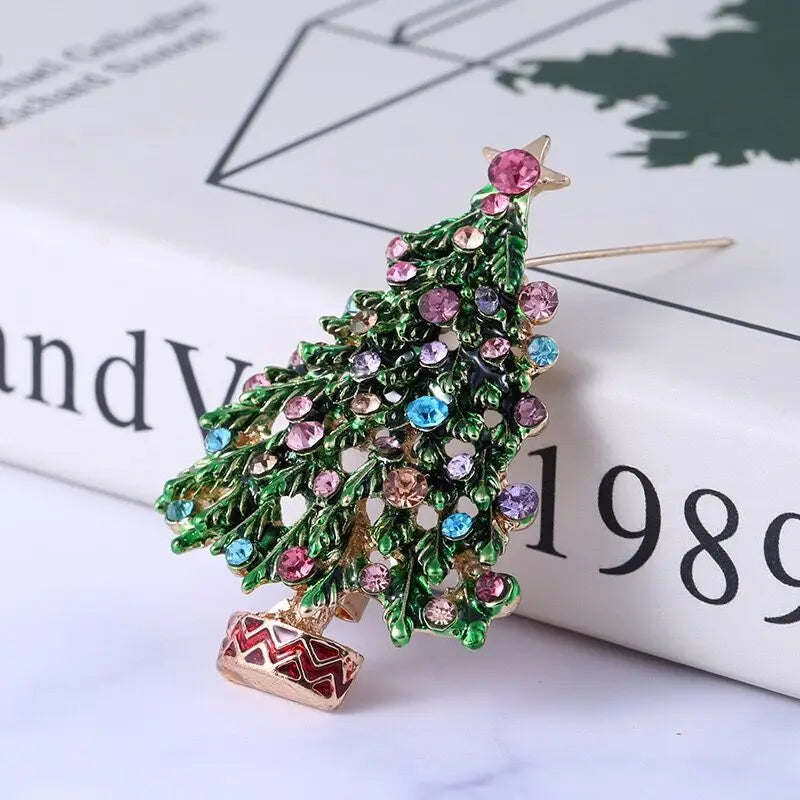 Green Enamel Rhinestone Christmas Tree Pin Gold Women Men Brooches Christmas Gifts