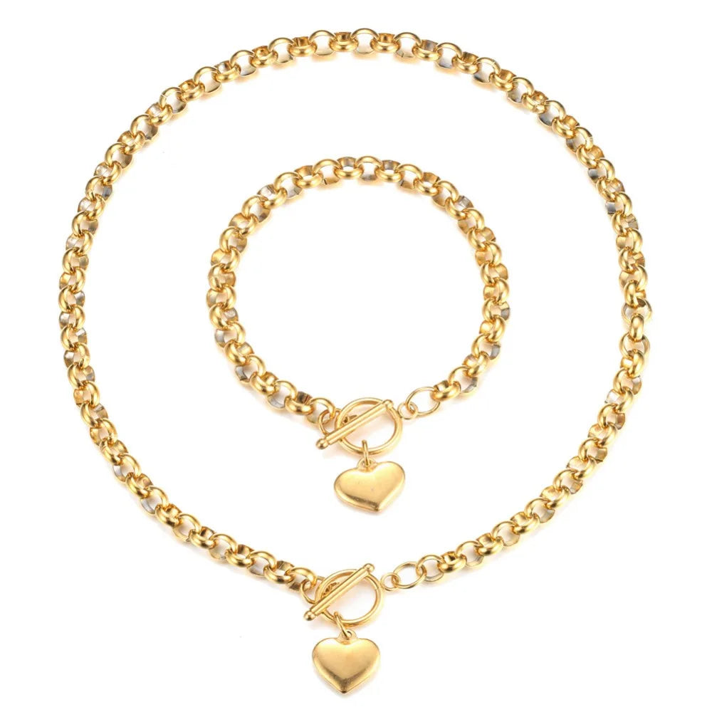 Fashion Buckle Toggle Heart Gold Silver Rose Gold Women Bracelet Necklace Jewelry Sets Jewelry Gifts