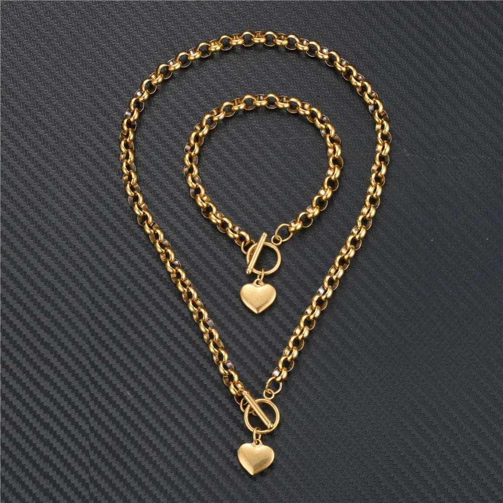 Fashion Buckle Toggle Heart Gold Silver Rose Gold Women Bracelet Necklace Jewelry Sets Jewelry Gifts
