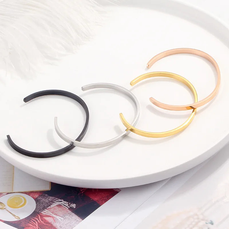 Unisex Simple Opening Plain Smooth Lovers Black Rose Gold Silver Gold Women Men Bangle Bracelet