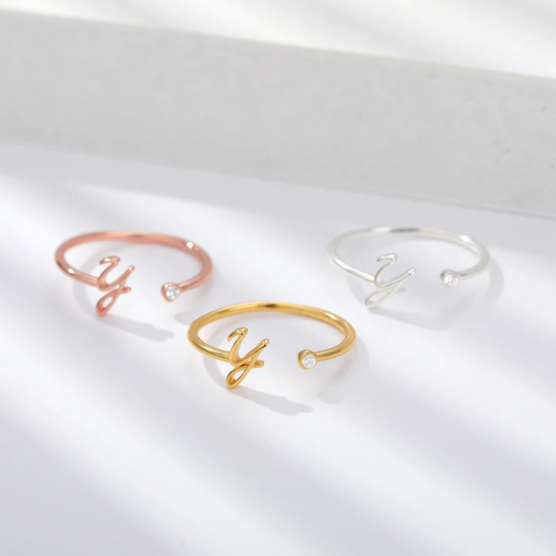A-Z Initial Open Adjustable Wedding Trendy Crystal Zircon Gold Couple Women Rings Jewelry Gift