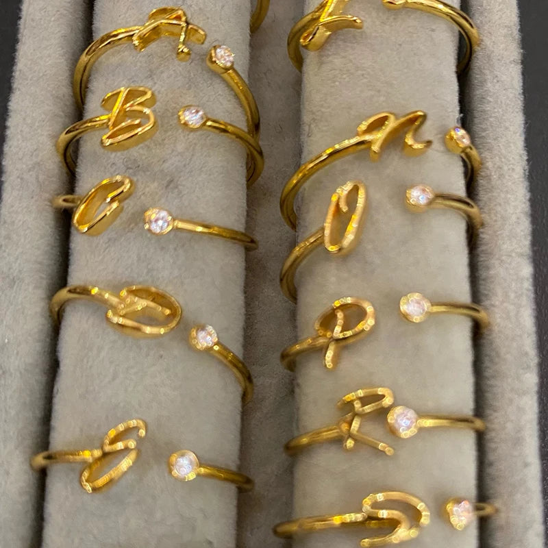 A-Z Initial Open Adjustable Wedding Trendy Crystal Zircon Gold Couple Women Rings Jewelry Gift