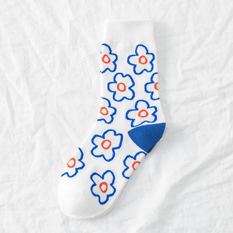 Autumn Winter Fall Fashion Cute Ins Korea Style Streetwear Flower Pattern Print Women Short Socks