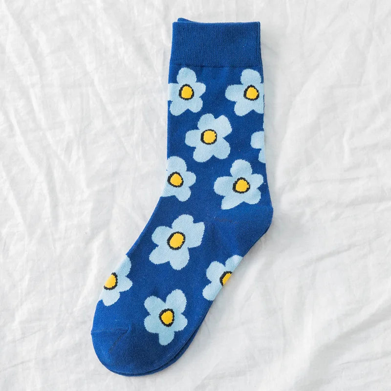 Autumn Winter Fall Fashion Cute Ins Korea Style Streetwear Flower Pattern Print Women Short Socks