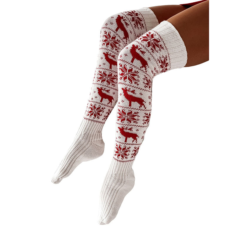 Christmas Female Women Warm Thigh High Sock Snowflake Print Knit Over The Knee Fall Winter Stocking