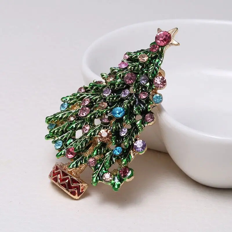 Green Enamel Rhinestone Christmas Tree Pin Gold Women Men Brooches Christmas Gifts