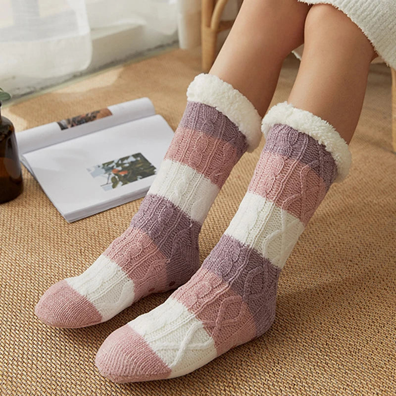 Winter Fall Warm Thick Comfortable Stripes Women Mid-calf Sleep Fuzzy Home Stocking Socks Xmas Gift