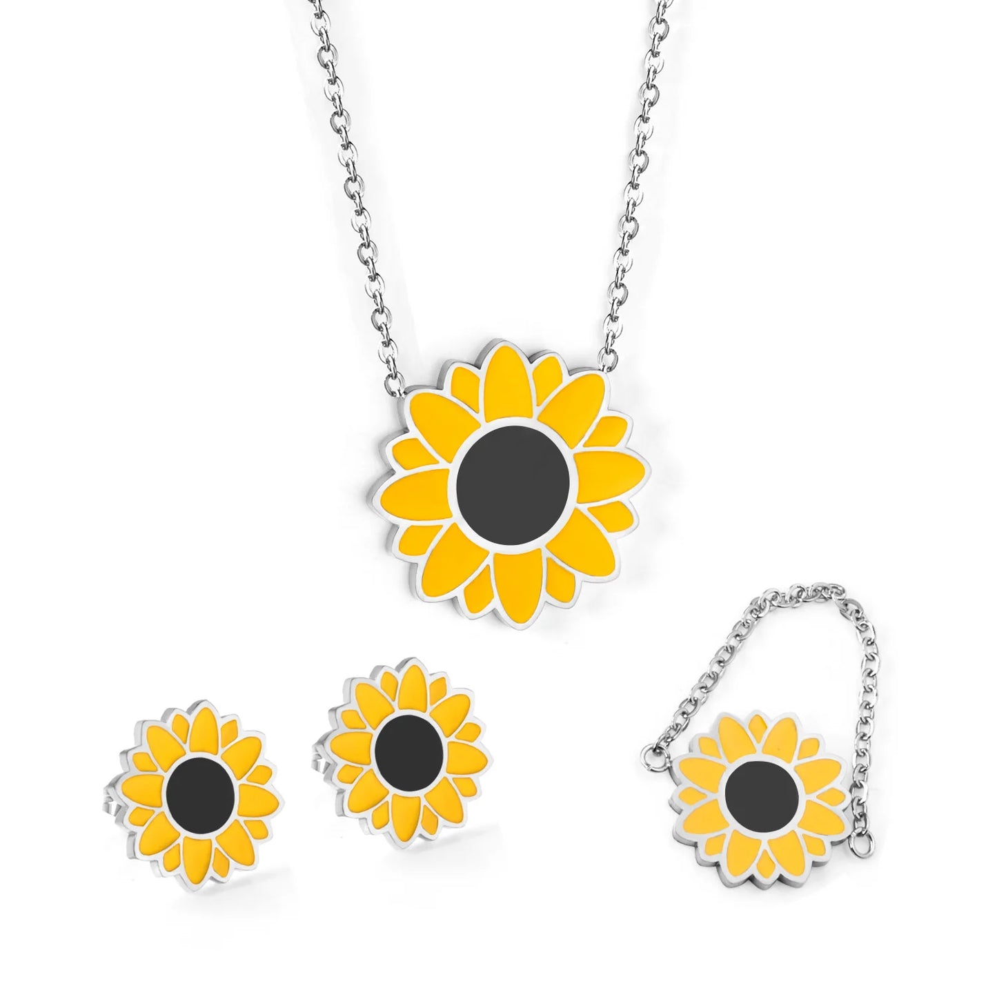 Cute Yellow Daisy Flower Charms Pendant Necklace Earrings Ring Gold Silver Woman Jewelry Set Gifts