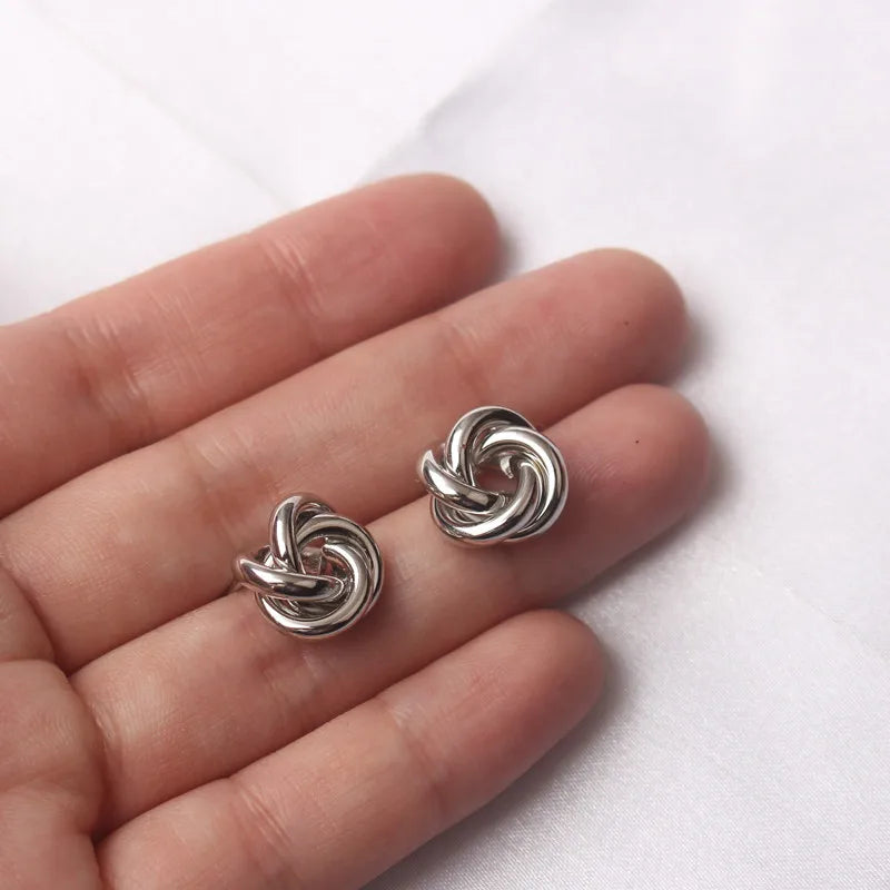 Tiny Metal Stud Women Gold Silver Twist Round Small Earrings Fall Jewelry Gift