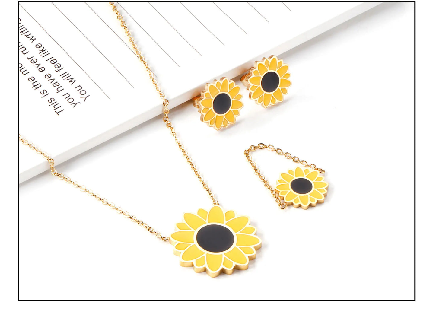 Cute Yellow Daisy Flower Charms Pendant Necklace Earrings Ring Gold Silver Woman Jewelry Set Gifts