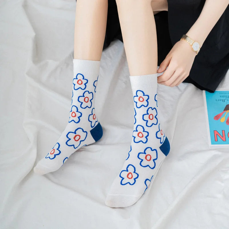 Autumn Winter Fall Fashion Cute Ins Korea Style Streetwear Flower Pattern Print Women Short Socks