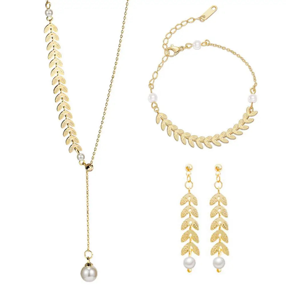 New Simple Wheat Ear Pearl Temperament Lucky Gold Charm Women Bracelet Necklace Earrings Jewelry Set