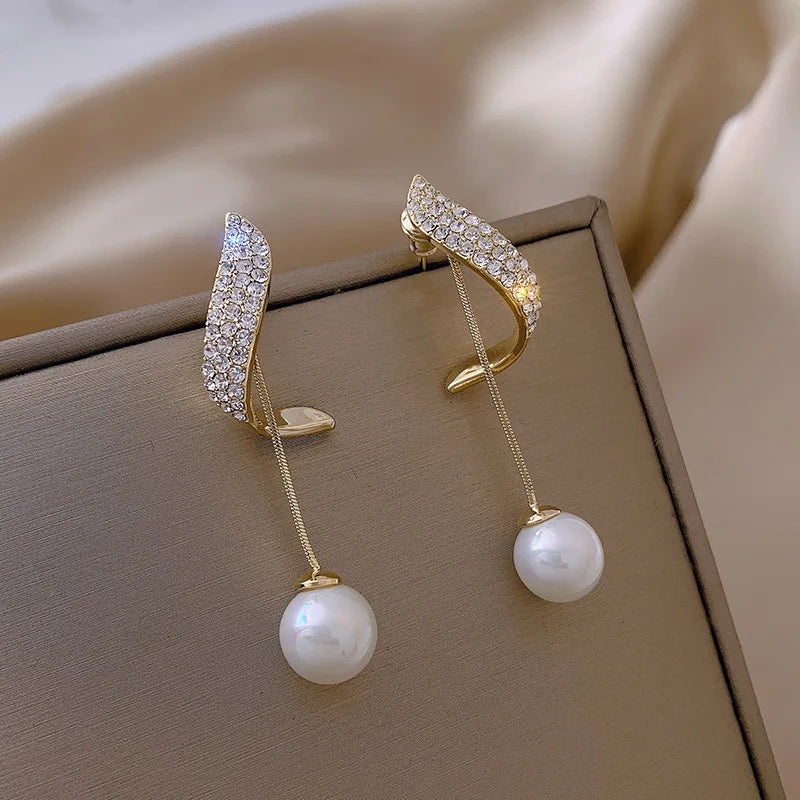 New Classic Elegant Pearl Dangle Women Crystal Long Tassel Drop Earrings Fall Christmas Jewelry Gift
