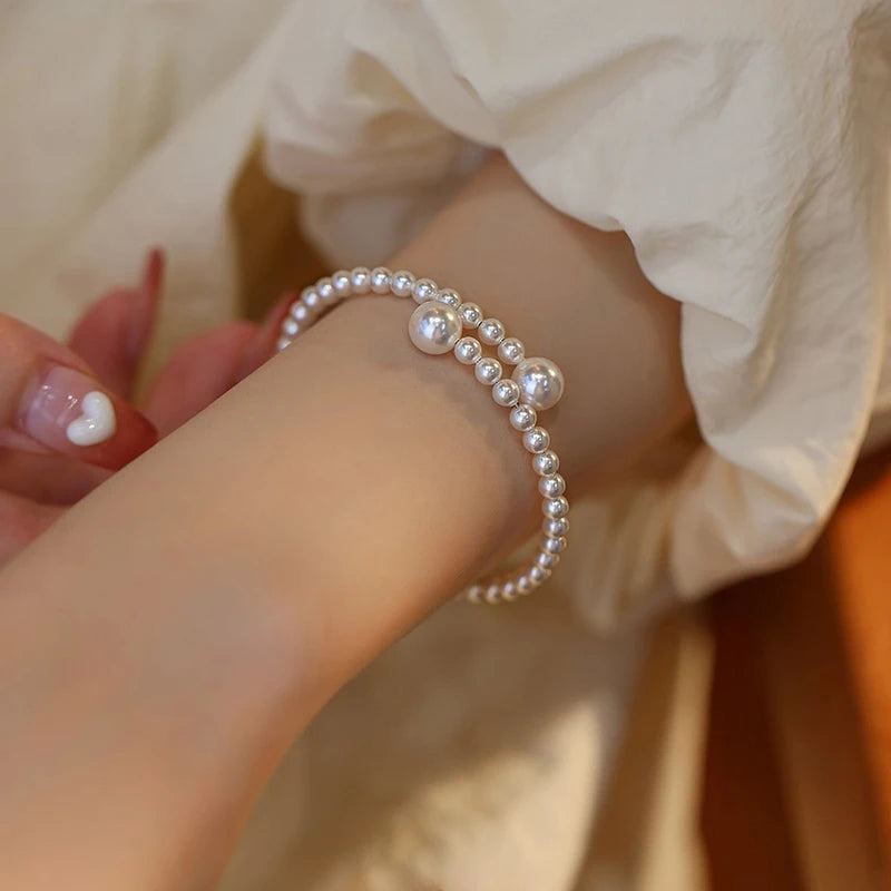1pc Vintage Pearl Luxury Elegant Adjustable Opening Wedding Pearl Women Bangle Bracelet Jewelry Gift