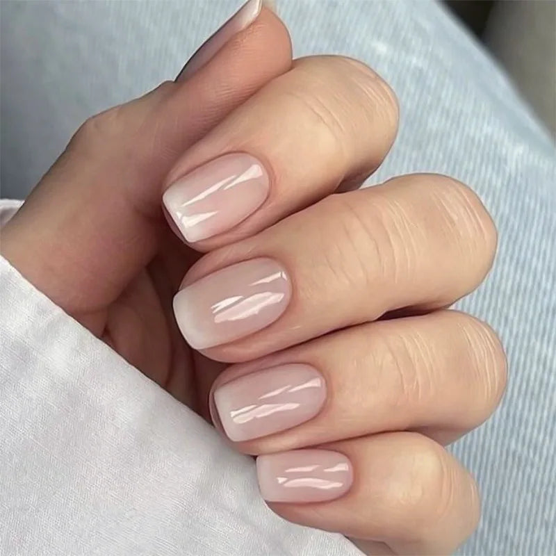 24pcs Simple Square Jelly Glue Gradient French Press on Fake False Nails Short Full Cover Nail Tips