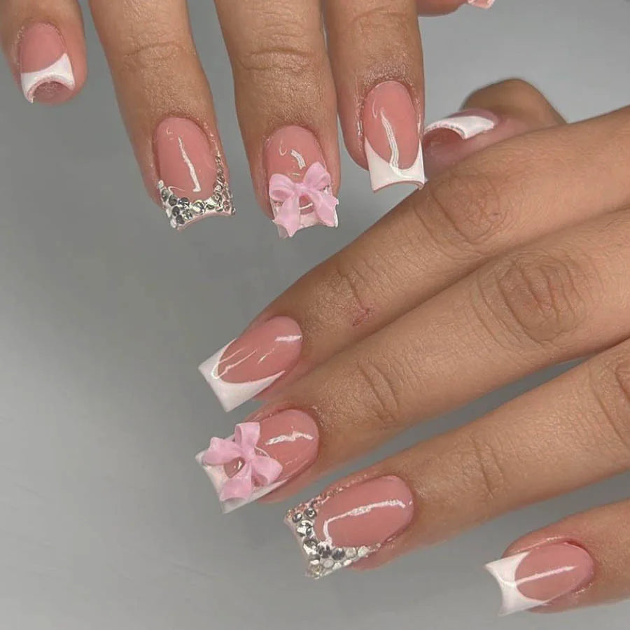 24pcs Simple Square Jelly Glue Gradient French Press on Fake False Nails Short Full Cover Nail Tips