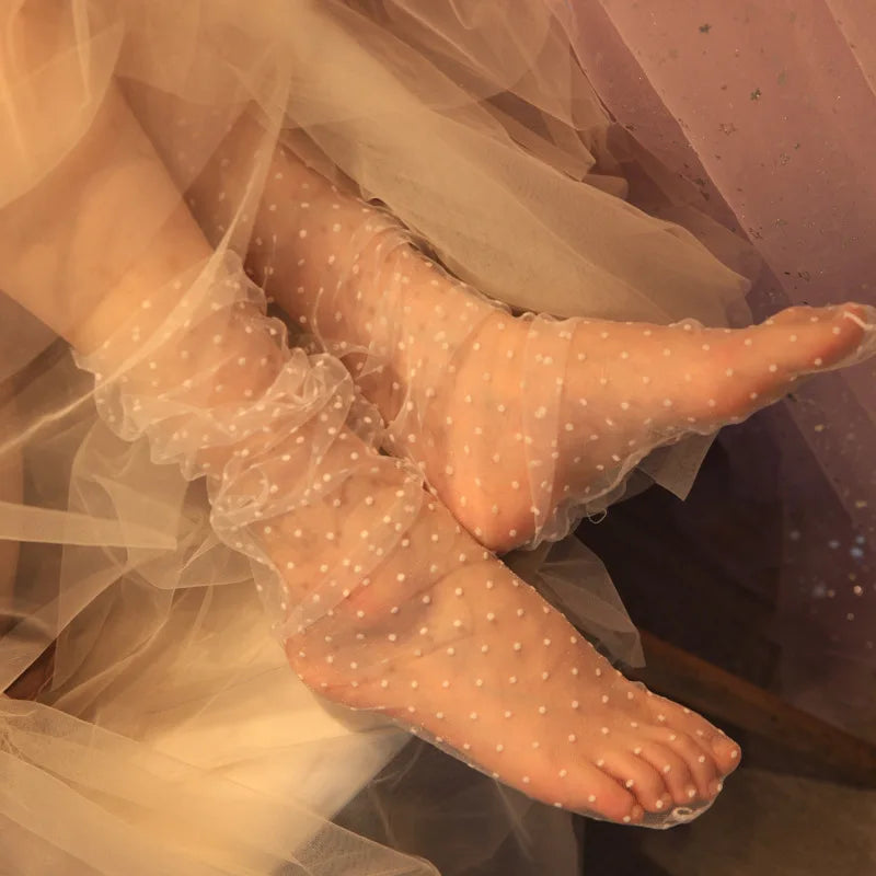 Sexy Dot Lace Transparent Mesh Ankle Ultra-Thin Princess Tulle Black White Grey Girls Women Socks