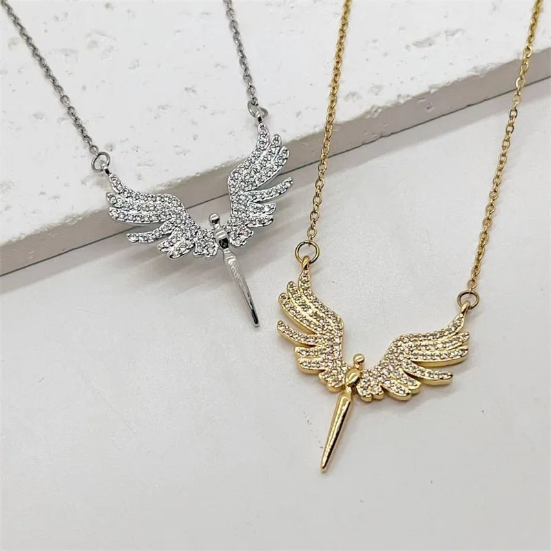 Fashionable Cute Micro-embellished Angel Wings Pendant Women Clavicle Necklace Earrings Jewelry Set