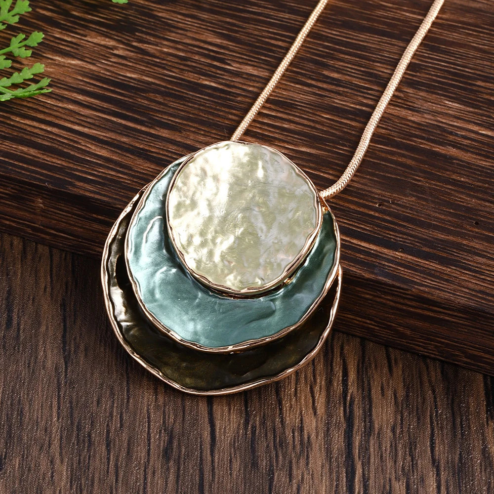 Fashion Trendy Oil Drip 3 Layers Geometric Round Pendant Necklace Earrings Gold Women Jewelry Set