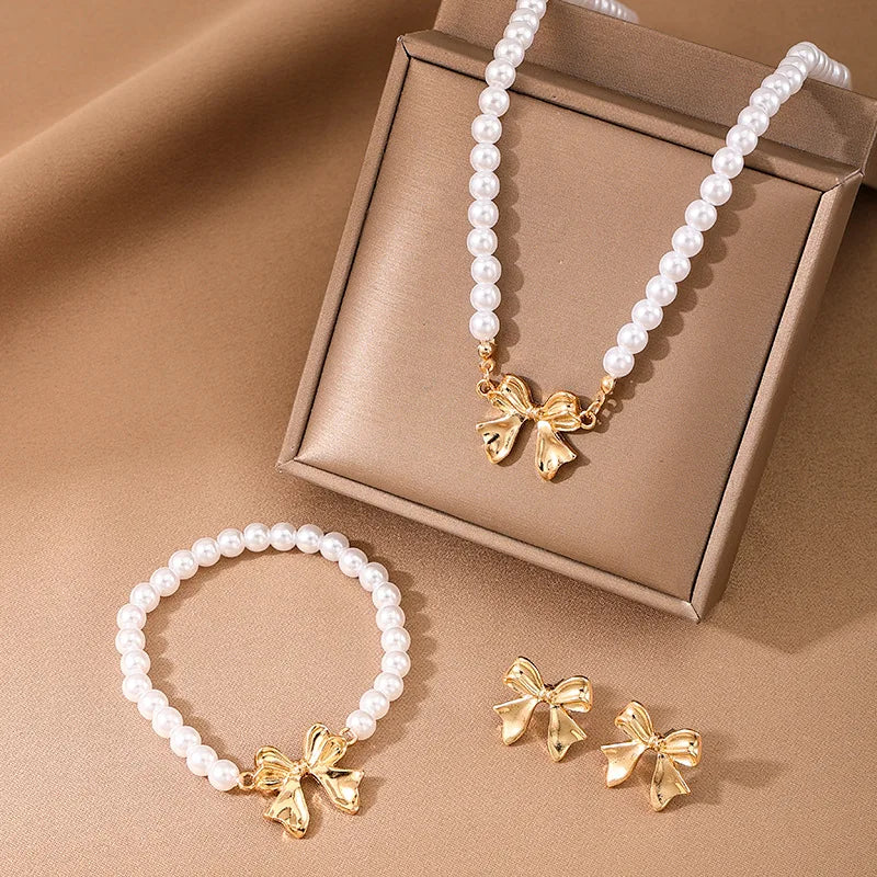 Chain Bowknot Imitation Pearl Fashion Classic Necklace Earrings Bracelet Gold Women Jewelry Set Gift