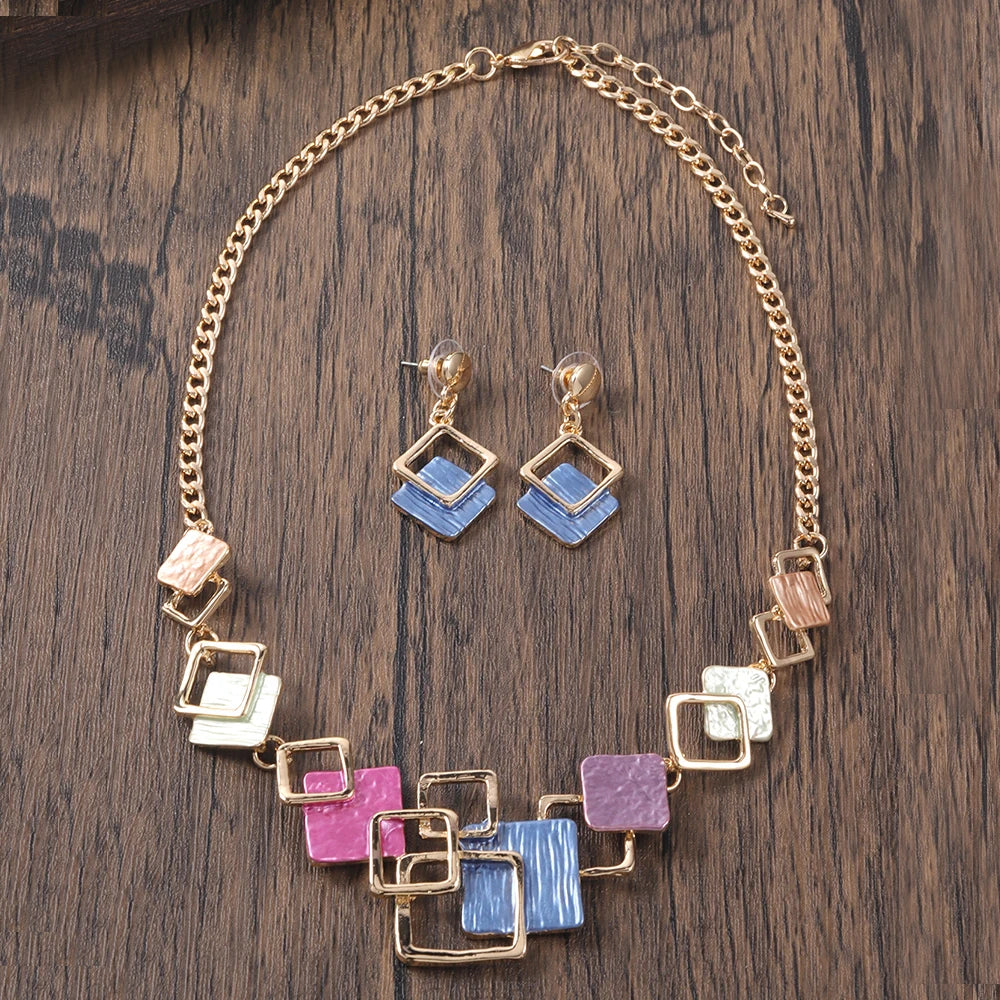 Fashion Simple Drip Oil Geometric Trendy Daily Party Necklace Earrings Gold Silver Women Jewelry Set