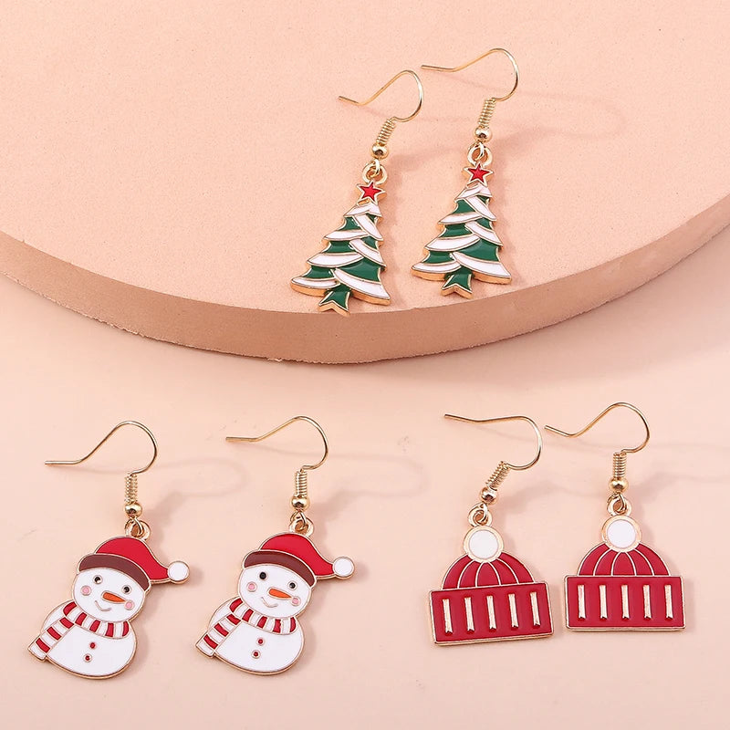 New Fashion Merry Christmas Tree Deer Santa Drop Dangle Beads Gold Women Earrings Jewelry Gifts