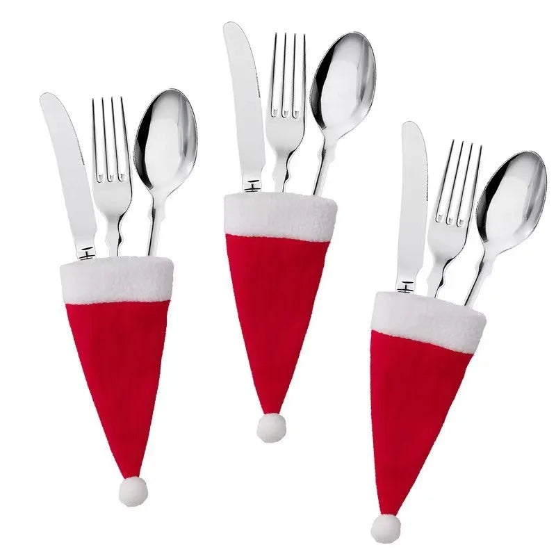 Christmas Hat Tableware Bag Holder Fork Knife Spoon Cutlery Bag Home Decorations Xmas New Year Gifts