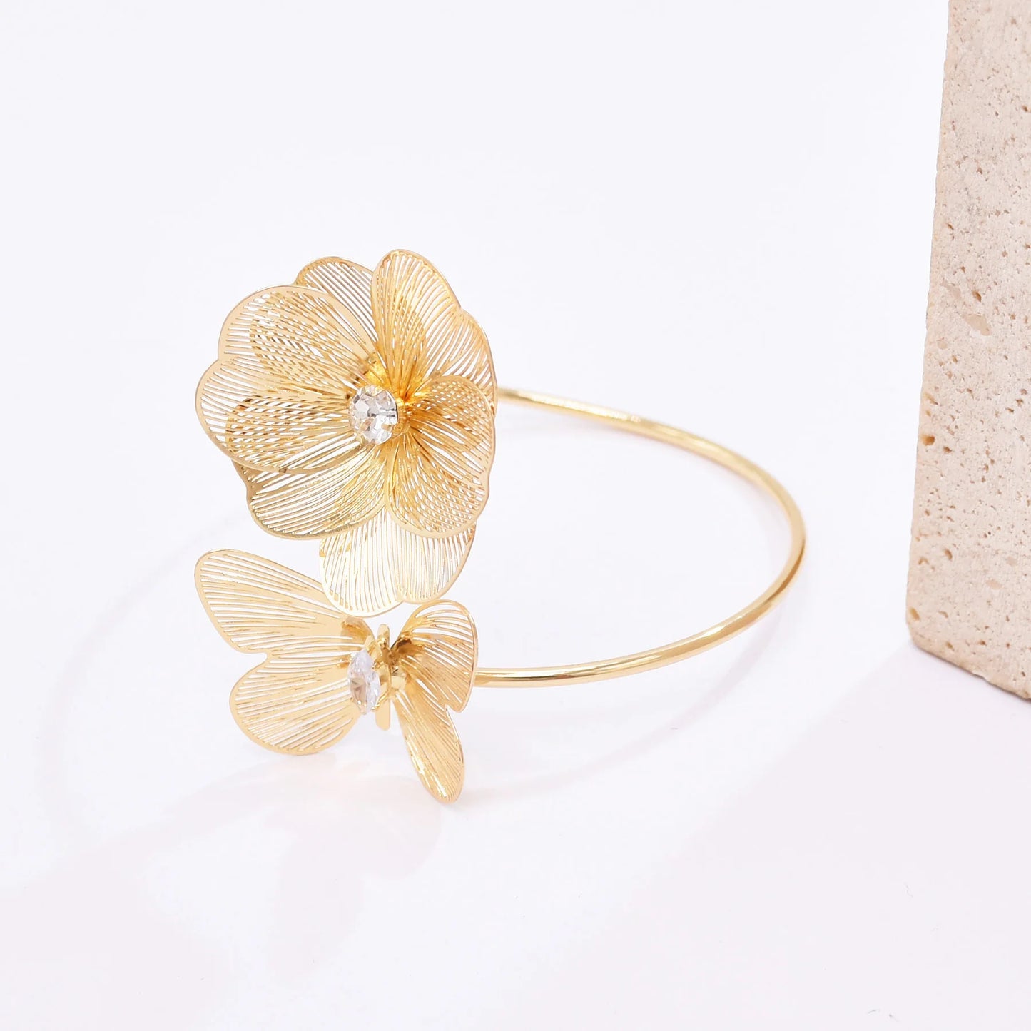 Hollow Crystal Flower Opening Arm Luxury Bridal Wedding Gold Silver Women Bracelet Bangle Jewelry