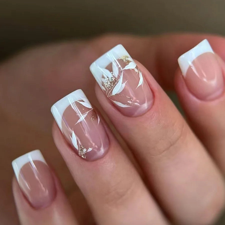 24pcs Simple Square Jelly Glue Gradient French Press on Fake False Nails Short Full Cover Nail Tips