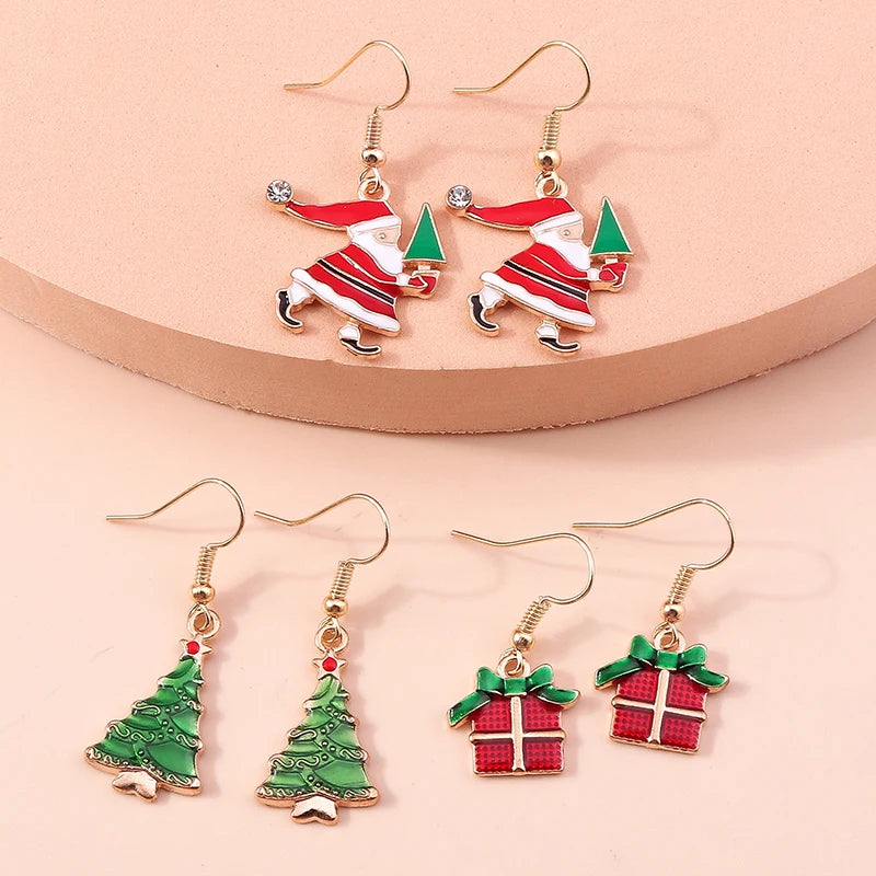 New Fashion Merry Christmas Tree Deer Santa Drop Dangle Beads Gold Women Earrings Jewelry Gifts